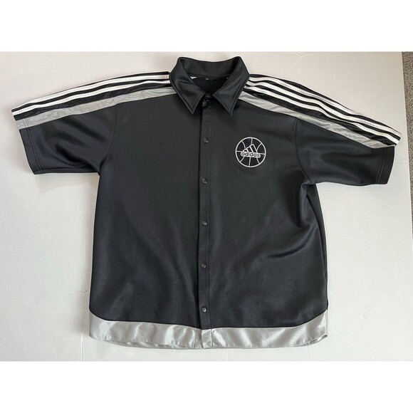 Vintage Adidas Black Warm Up Basketball Track Mens Shirt Button Up Size 2XL - Picture 1 of 8